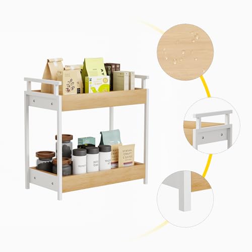 KLM Countertop Coffee Station Organizer, 2 Tier Wooden Shelf for Coffee Bar Accessories, Condiment Storage Caddy for Kitchen, Bathroom Counter Organizer, Home, Office - Natural