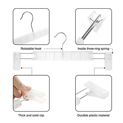 GUANJUNE Clothes Pants Hangers, Space-Saving Skirt Holders with 360 ° Swivel Hooks, Adjustable Clips, Trouser Hangers, Clothes Coat Garment Jeans Hangers (20 Pack, Transparent)