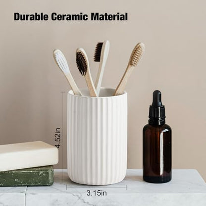 Toothbrush Holders for Bathrooms, Ceramic Tooth Brush Holder Set, Ribbed Bathroom Cups Tumbler, Reusable Toothbrush Mouthwash Cup, Toothpaste Holder Toothbrush Organizer for Bathroom Counter