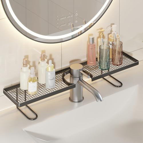 Sink Organizer Rack,No-Drill Freestanding Carbon Steel Faucet Storage Shelf, Washbasin Shelf, Tool-Free Organizer, Space-Saving Bathroom Countertop Organizer, Easy Drainage New (Black)
