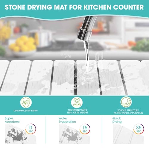 Dish Drying Mat Stone Bath Mat Diatomaceous Earth Stone Drying Mat For Kitchen Counter Sink Bath Mat Quick Dry Non Slip Foldable Dish Drying Rack Mat Large(24"×16" White)