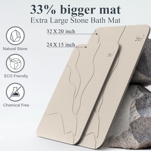 Extra Large Stone Bath Mat 30 x 20 in, 5-Piece, Bath Stone mat for Bathroom Natural Diatomaceous Earth Bath Mat, Stone Shower mat for Kitchen/Bathroom, (Light Grey-Sculpted)