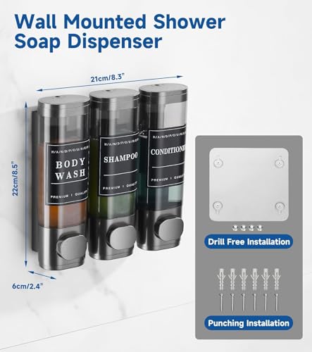 Shower Soap Dispenser Wall Mounted No Drill Shampoo Dispenser for Shower Wall Shampoo and Conditioner Dispenser Bathroom Hotel 3 * 350ml Gungray with Labels