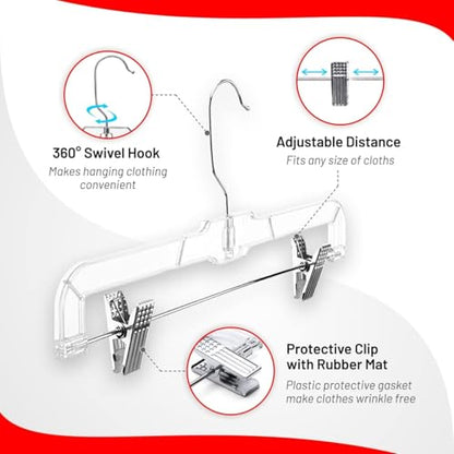 DEILSY™ Pants Hangers with Clips 12 Pack Skirt Hangers Clear Plastic | Hangers with clips and 360° swivel hook, pants hangers rubber-padded clips, ideal for jeans, trousers, skirts and shorts