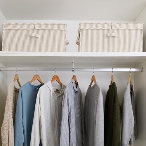 StorageWorks Extra Large Storage Bins with Lids, 55L Decorative Organizer with Divider Board, Fabric Boxes with Handles, Khaki and Beige Stripes, 2-Pack