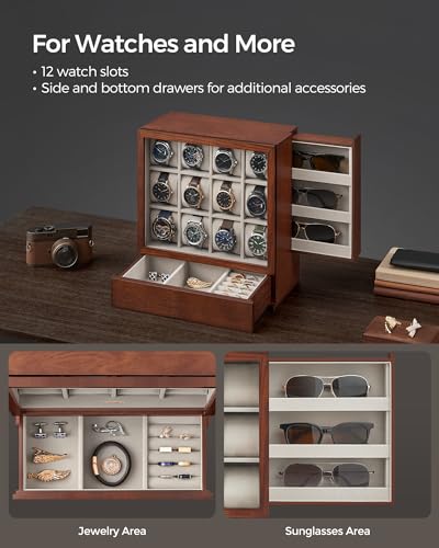 SONGMICS Watch Box 12-Slot Watch Display Case with Window | Solid Wood Veneer, Velvet Lining, Vertical Storage, Space Saving, Gift Idea, Coffee Brown, UJOW014K01