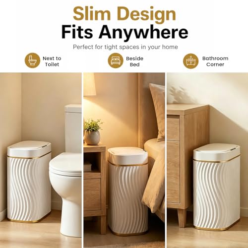 Bathroom Small Trash Can with Automatic Touchless Lid, 2.6 Gallon Smart Garbage Can Narrow Waterproof Trash Bin for Bedroom, Office, Living Room