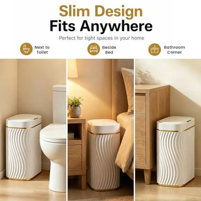 Bathroom Small Trash Can with Automatic Touchless Lid, 2.6 Gallon Smart Garbage Can Narrow Waterproof Trash Bin for Bedroom, Office, Living Room