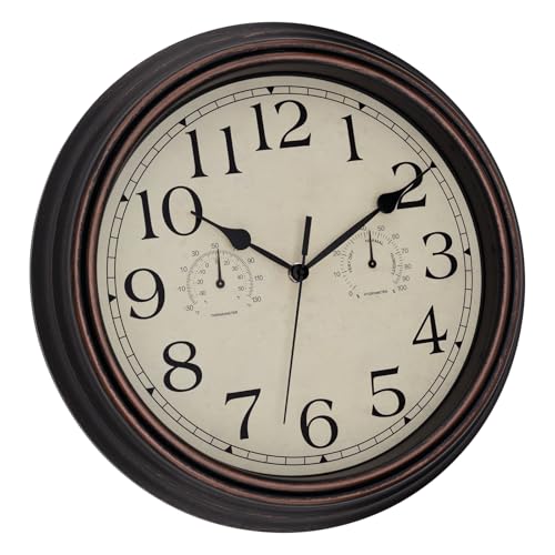 Foxtop Indoor Outdoor Waterproof Wall Clock with Thermometer and Hygrometer Combo, 14 Inch Retro Silent Non-Ticking Battery Operated Quartz Round Outdoor Clocks for Patio Home Office (Bronze)