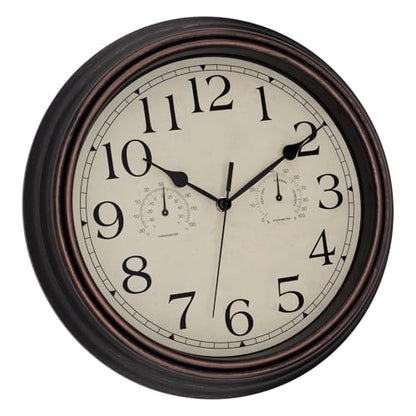 Foxtop Indoor Outdoor Waterproof Wall Clock with Thermometer and Hygrometer Combo, 14 Inch Retro Silent Non-Ticking Battery Operated Quartz Round Outdoor Clocks for Patio Home Office (Bronze)