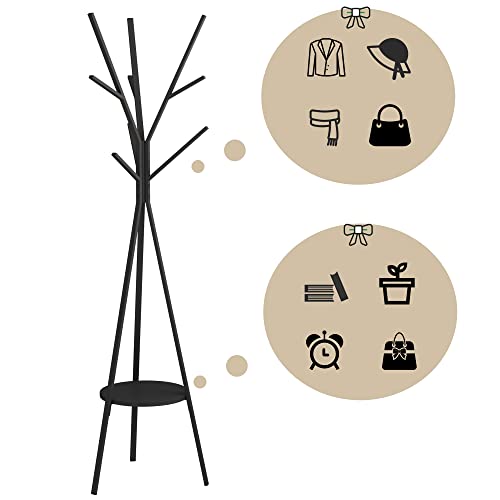 HOME BI Coat Rack Hat Stand Free Standing Display Hall Tree Metal Hat Hanger Garment Storage Holder with 9 Hooks for Clothes Hats and Scarves in Black,17.72" Wx17.72 Dx70.87 H (Black)