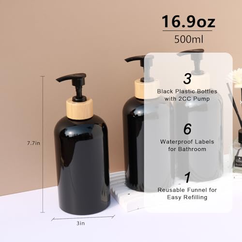 Shampoo and Conditioner Dispenser, Refillable Plastic Shampoo Pump Bottles with Waterproof Labels, Empty Body Wash Dispenser Set for Bathroom Shower, Black, Set of 3, 16.9oz