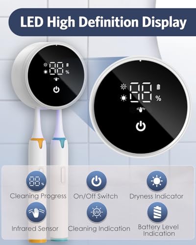 Upgraded UV Toothbrush Sanitizer Holder with Infrared Sensor & Heat Drying, Temracha Wall-Mounted Toothbrush Holder for the Bathroom, LED Smart Display, Fits Toothbrushes & Razor, Portable for Travel