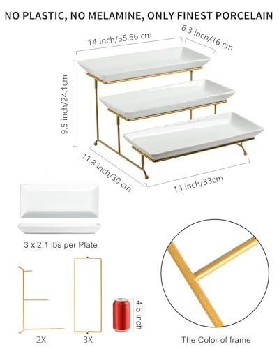 LAUCHUH Large 3 Tier Serving Stand Porcelain Tiered Serving Trays for Party | 14 Inch Serving Trays & Platters with Collapsible Sturdier Rack Dessert Party Display Set for Fruit Cupcake Snack Salad, Gold