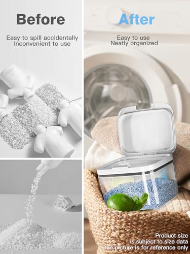 2.8L/6Lbs Laundry Detergent Dispenser with One-Press Lid | Clear PET Laundry Powder Container with Measuring Cup, Laundry Pods Container for Laundry Room Organization 100oz(120 Pods)