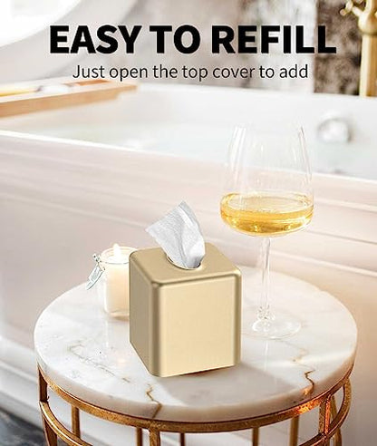 Tissue Box Cover, Square Metal Tissue Box Holder Modern Decor Facial Napkin Holder Tissue Box Dispenser for Bathroom Vanity Countertop, Living Room, Bedroom, Office - Gold