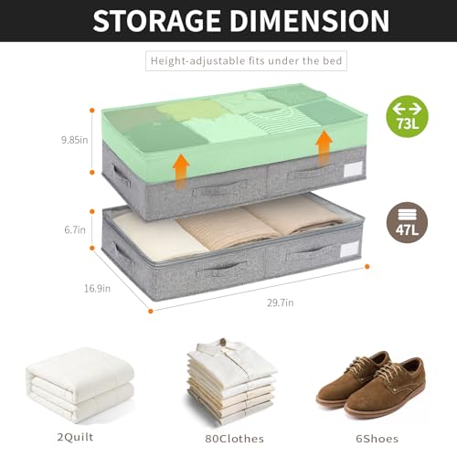 Under Bed Storage Containers with Lids, Foldable Underbed Organizer with Handles, Large Closet Storage Bins for Clothes, Blankets, Shoes, Bedroom Organization (2 Pack)