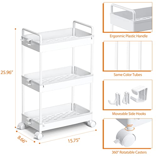Ronlap 3 Tier Slim Rolling Storage Cart with Wheels Utility Organizer,White | For bathroom, laundry, kitchen, bedside & dorm. Fits art, craft, snack, makeup, nail, diaper & postpartum baby supplies