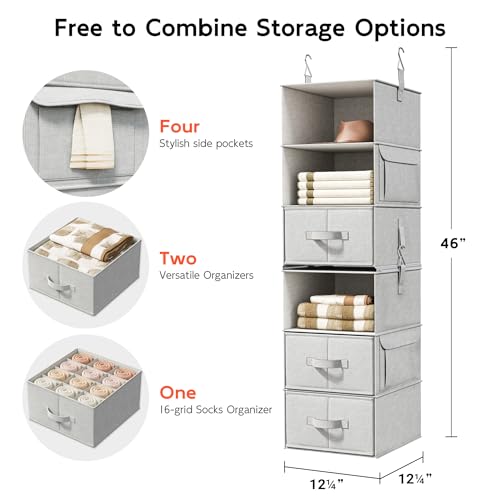 6-Shelf Hanging Closet Organizer with 3 Drawers, 2 Separable 3-Shelf Closet Organizers and Storage for Wardrobe Organization, Hanging Dresser for Nursury & Dorm Clothes Organizer