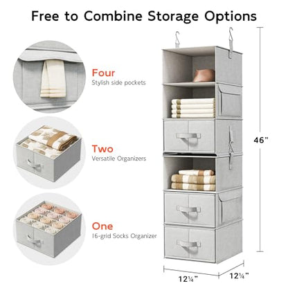 6-Shelf Hanging Closet Organizer with 3 Drawers, 2 Separable 3-Shelf Closet Organizers and Storage for Wardrobe Organization, Hanging Dresser for Nursury & Dorm Clothes Organizer