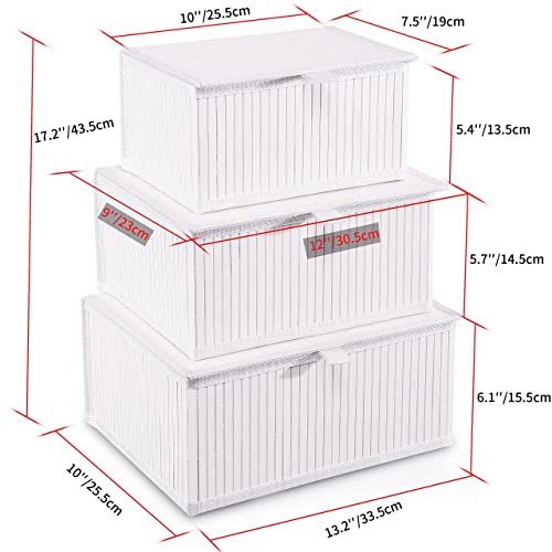 Bamboo Decorative Storage Boxes - Set of 3 Woven Lined Storage Basket with Lids, White Wicker Lidded Baskets for Home Kitchen Shelf Organizer Decor
