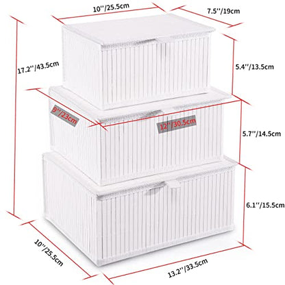 Bamboo Decorative Storage Boxes - Set of 3 Woven Lined Storage Basket with Lids, White Wicker Lidded Baskets for Home Kitchen Shelf Organizer Decor