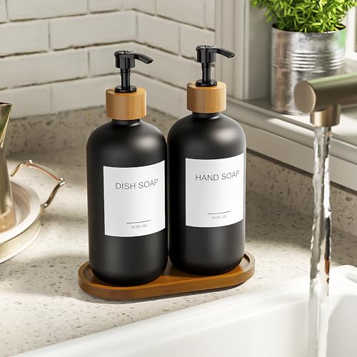 MASADI Black Soap Dispenser Set with Tray, Dish and Hand soap Lotion Dispenser Set with Wooden Pump for Kitchen and Bathroom Decor for Counter, Modern Vintage Liquid Soap Dispensers