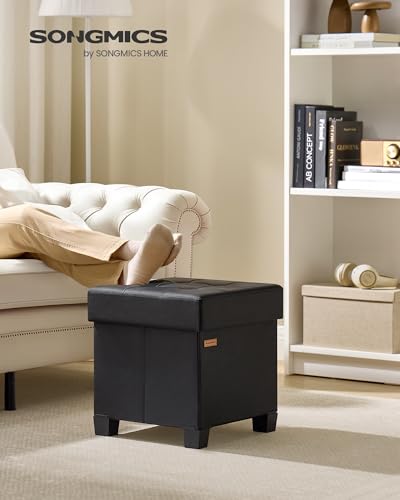 SONGMICS Storage Ottoman, Cube Ottoman with Legs, 15 x 15 x 15.7 Inches, Footstool, Footrest, 10 Gal. (37 L), Synthetic Leather, for Bedroom, Living Room, Dorm, Ink Black ULSF0512B02