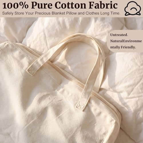 2 Pack 100% Cotton 24"x 15"x 12" White Canvas Sweater Comforter Storage Bag with Handles for Home Travel Beddings Pillow Blankets Saree Linens Organizer Thick Soft Breathable Closet Bags