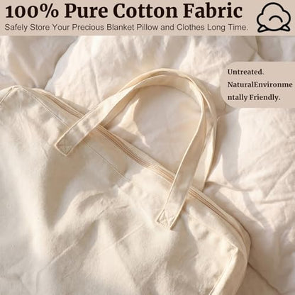 2 Pack 100% Cotton 24"x 15"x 12" White Canvas Sweater Comforter Storage Bag with Handles for Home Travel Beddings Pillow Blankets Saree Linens Organizer Thick Soft Breathable Closet Bags