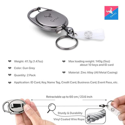 QREEL Heavy Duty Badge Reel, ID Badge Holder Retractable Keychain, 2 Pack | with Carabiner, Belt Clip, Key Ring, All Metal Casing with 24" Steel Cord, 8.0 OZ, Name Tag Holder for Nurse, Office Worker