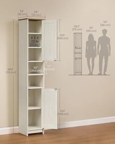 SONGMICS HOME 67-Inch Tall Bathroom Storage Cabinet, Snapsemble Superfast Assembly, 11.8-Inch Wide Slim Narrow Freestanding Cabinet with Adjustable Shelves, Kitchen Living Room, Rustic White