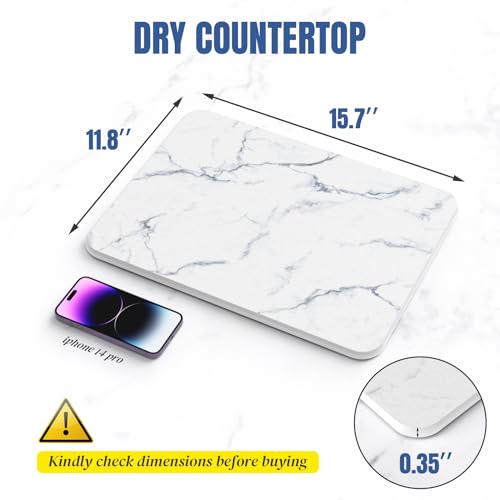 Quick Dry Stone Drying Mat for Kitchen Counter, Water-Absorbent Diatomaceous Dish Drying Mats, Multi-Purpose Stone Drying Tray for Cups Dishes Bottles, Carrara White Marble