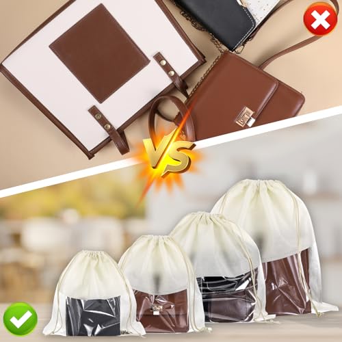 16 PCS Purse Dust Bags for Handbags Dustproof Drawstring Storage Bag with Clear Window, Non Woven Fabric Travel Shoe Storage Bag Beige Dust Cover Fabric Handbag Pouch Covers with Assorted Sizes