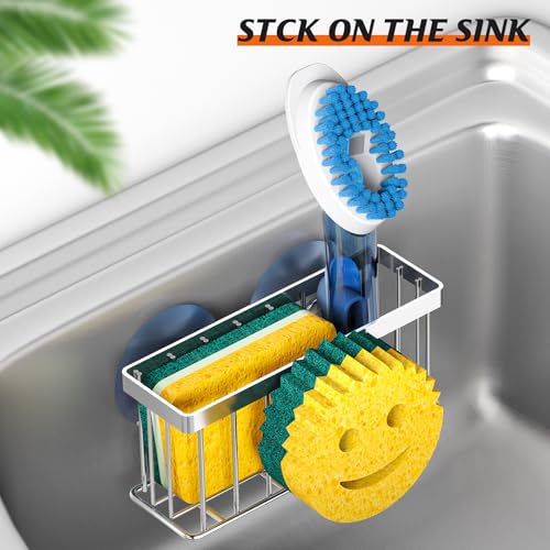 Sponge Holder Smiley Face,Sink Caddy for Kitchen Sink,Sponge Holder with 2 PCS Suction Cups/1 PCS Adhesive Strips,Designed for Sponge,Soap,Dish Brush,Scrubber-Silver
