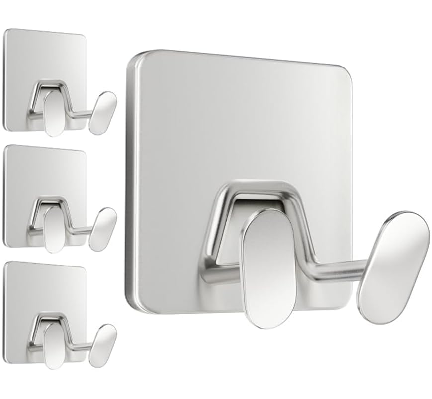 Adhesive Shower Hooks for Inside - Extra Sticky Razor Holder, Silver 4 Pack