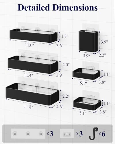 Kitsure Large Shower Caddy - Adhesive 6-Pack Bathroom Shelves, Black | No-Drilling Rustproof Shelves with Soap Holder, Toothbrush Holder, 6 Hooks, Stylish Bathroom Organizers and Storage Solution