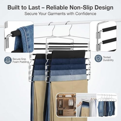 USTECH 8 Tier Hangers for Pants (Set of 2) | Multi Tier Swing Hanger with Foam Padding & Removable Arm | Pant Hangers Space Saving | Bottom Hangers | Tiered Pants Hangers
