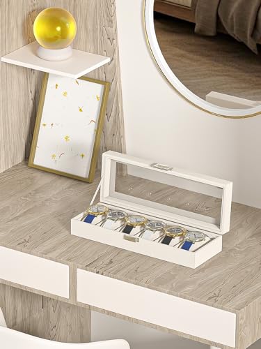 Watch Display Case For Men,Leather Watch Organizer Box,Watch Collection Storge Holder For Women,Watch Travel Organizer Tray (Beige Velvet, 6 slots)