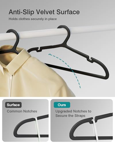 ABHENG 50 Pack Clothes Hangers, Non Slip Plastic Coat Hangers, Space Saving Hangers, Heavy Duty, Hanging Dry Wet Clothes,16.4" x 8.3", Black, UAPY0550B