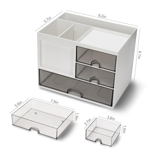 Desk Organizer with 3 Drawer, Multi-Functional Pencil Pen Holder for Desk, Desk Organizers and Storage with 8 Compartments, Desktop Organizer for Office Home Art Supplies (White)