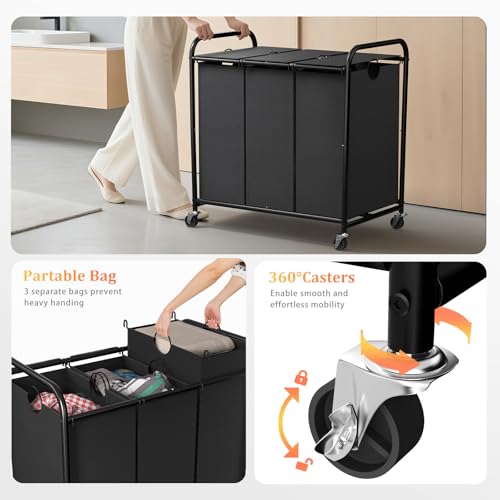 180L Laundry Sorter 3 Section, Rolling Laundry Basket with Wheels and Lid | 47.55 Gal Laundry Hamper, 3 Separated Removable Bags, Lockable Wheels, Dirty Clothes Hamper for Laundry Room Organizer, Black