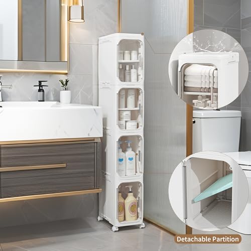 Narrow Storage Cabinet Slim Bathroom Storage Cabin... (White | Plastic)