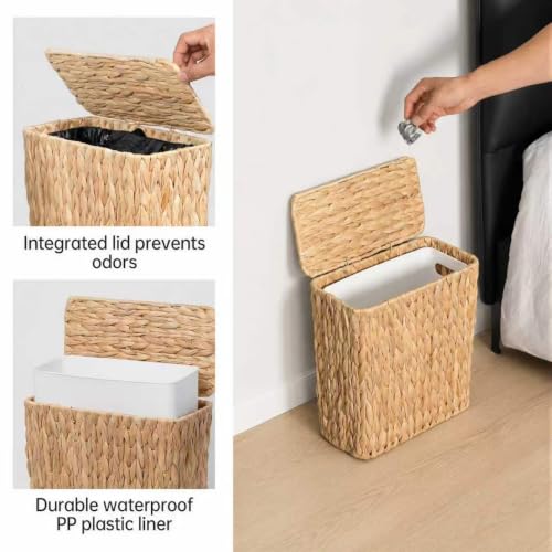 3 Gallon Wicker Trash Can,Small Bathroom Trash Can with Lid,Natural Water Hyacinth Wicker Waste Basket for Bedroom,Toilet,Narrow Garbage Can with Removable Liner