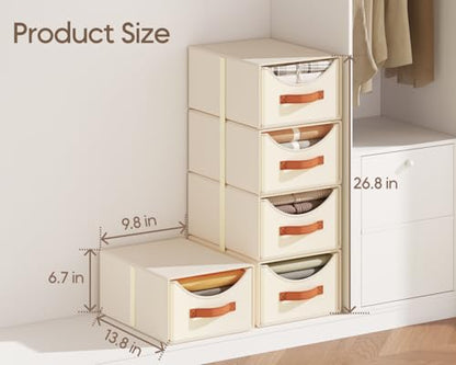 Stackable Storage Drawers - Collapsible Storage Bins with Drawers, 4 Pack Closet Shelf Organizer Basket, Fabric Pull Out Organizer for Bedroom, Living Room, Dorm, Beige