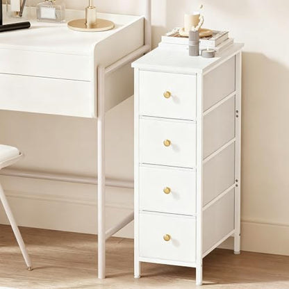 Fixwal Narrow Storage Cabinet, Small Dresser with 4 Drawers, Slim Fabric Nightstand for Small Spaces, White Dresser for Bathroom, Dorm, Bedroom, Laundry, Closet