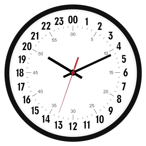 Foxtop 24 Hour Wall Clock, Battery Operated Analog Clock, 12" Black | Silent Non-Ticking, Military Time Clock, Round, for Classroom School Office Bathroom Living Room Bedroom Home, Easy to Read