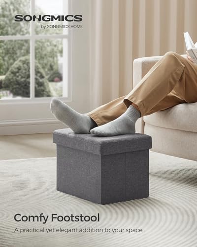 SONGMICS Mazie Collection - Small Folding Storage Ottoman, Foot Rest Stool, 12.2 x 16.1 x 12.2 Inches, 286 lb Load Capacity, for Living Room, Bedroom, Home Office, Dorm, Dark Gray ULSF102G01