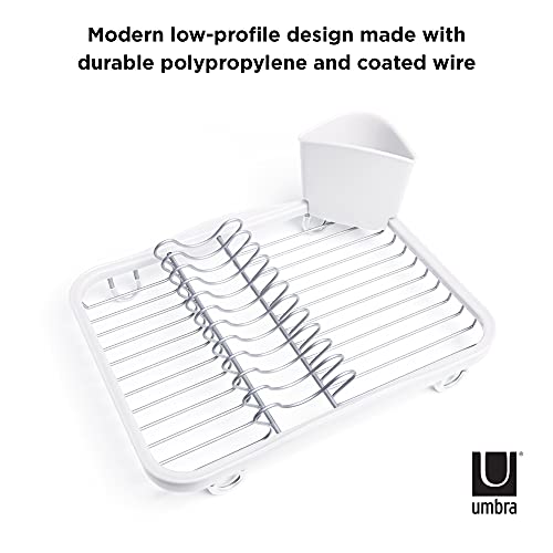 Umbra Sinkin Dish Drying Rack, in Sink or Countertop Drainer, White/Nickel | Removable utensil holder, non slip rubber feet, fits standard sizes, coated wire and plastic