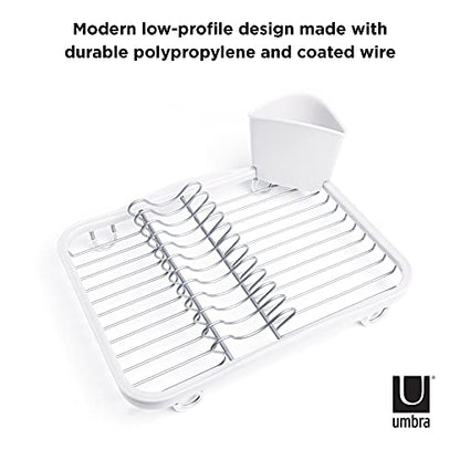 Umbra Sinkin Dish Drying Rack, in Sink or Countertop Drainer, White/Nickel | Removable utensil holder, non slip rubber feet, fits standard sizes, coated wire and plastic